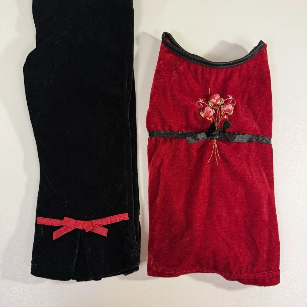 Vintage Velvet Outfit Size 3T‎ Red Top Black Pants Ribbon Rose Trim Simply Basic